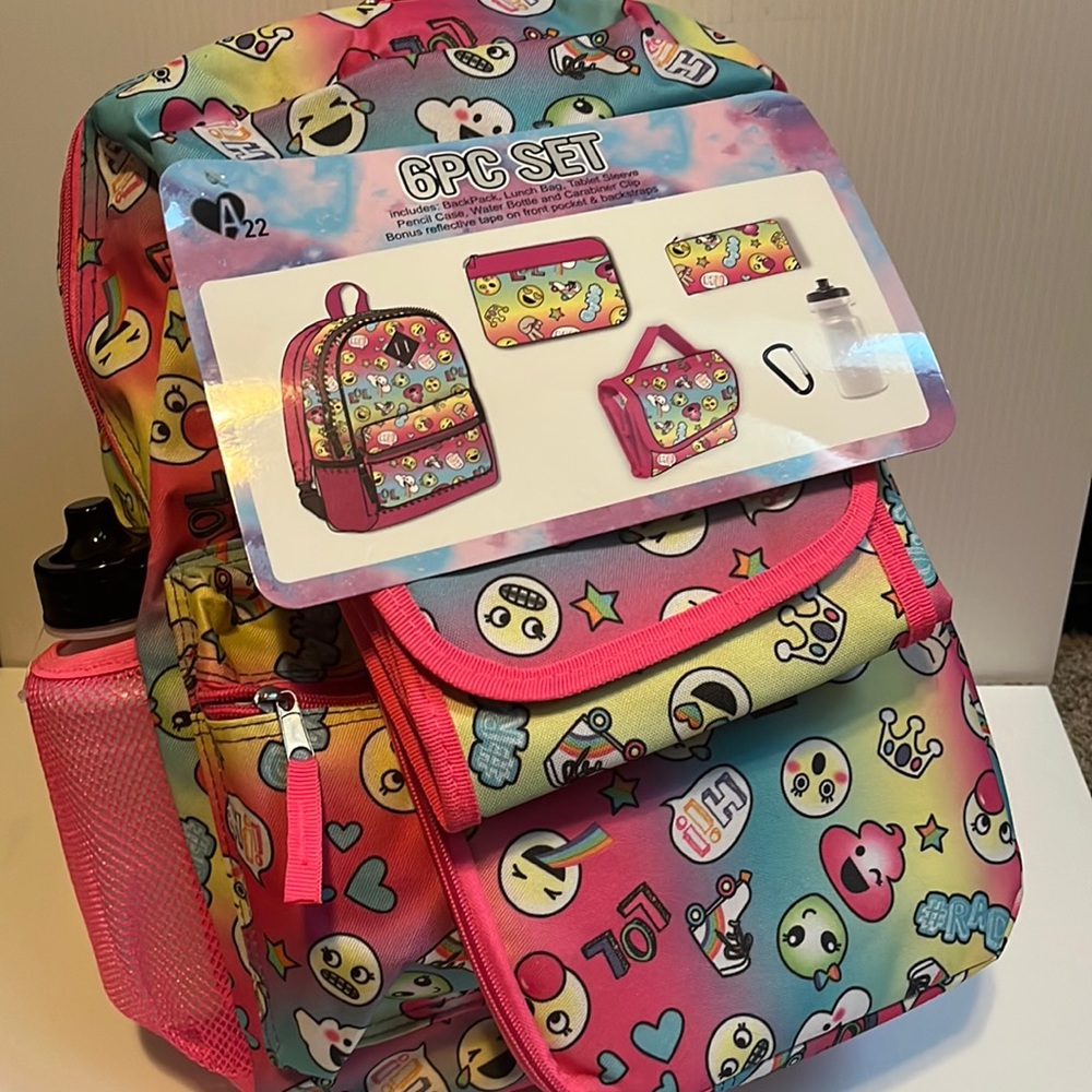 6PC Insulated Emojis Backpack and Lunch Bag Set - Pink Color
